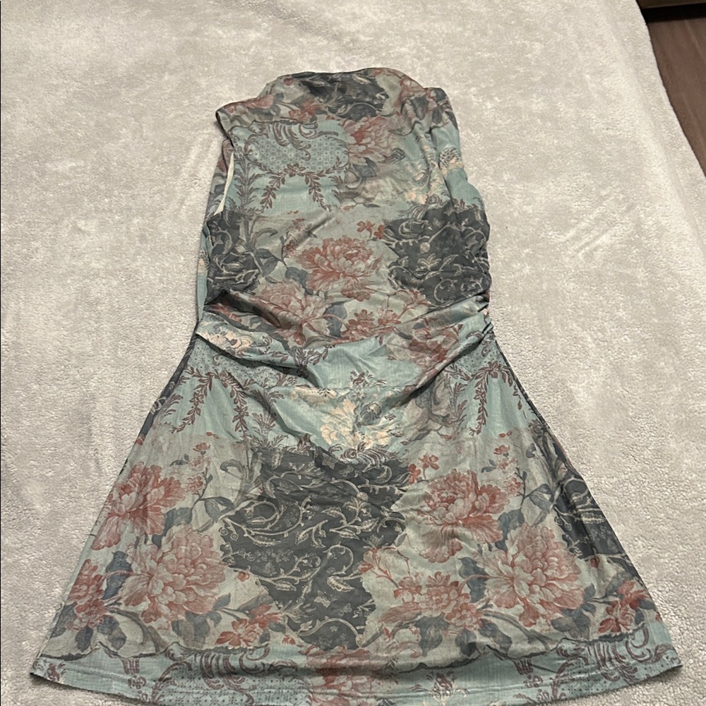 Cider Vintage Floral Mini Dress - Teal and Coral